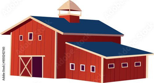 Red wooden barn with a blue roof, ventilation chimney, and open gate.