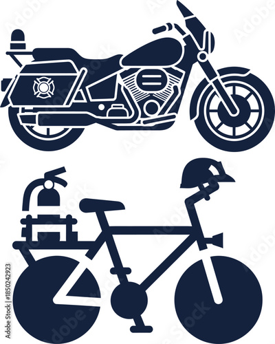 Silhouettes of a Police Motorcycle and a Firefighter Bicycle on White fire department bicycle