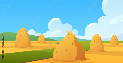 Haystacks in fields vector flat illustration, cartoon bale of hay straw barn and cone hayloft on autumn nature landscape