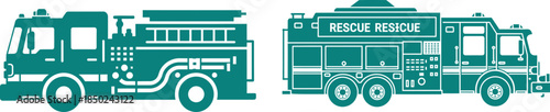 Teal Fire Truck and Rescue Truck Icons on White Background fire engine emergency vehicle