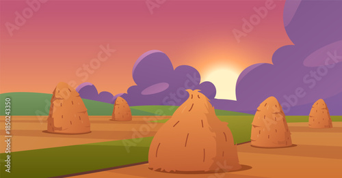 Landscape with a field, haystacks, and a horizon with a setting evening sun.