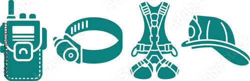 Teal icons of walkie talkie safety harness hard hat and eye protection communication radio