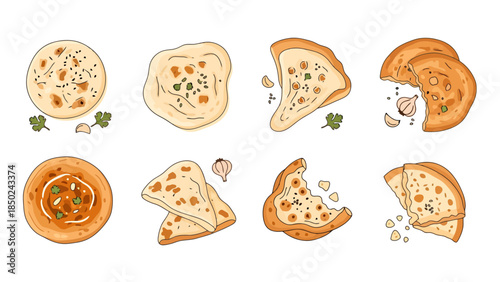 Assorted Traditional Indian Naan Bread and Curry Dishes on a Rustic Table