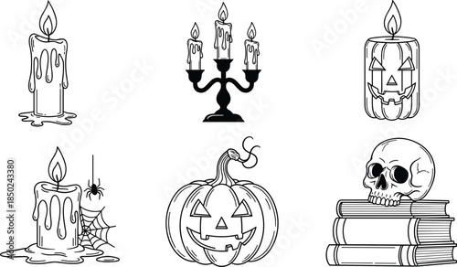 Hand drawn Halloween line art icon set featuring spooky candles, jack o lantern pumpkins, skull with books, spider web, and gothic candelabra illustrations