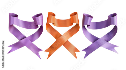 Set of orange and purple ribbons banner 3D render icon isolated on white background