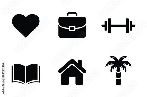 Vector icons for life's essentials: heart, briefcase, dumbbell, book, house, and palm tree.