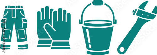 Teal Silhouette Icons of Work Pants, Gloves, Bucket, and Wrench cargo pants trousers