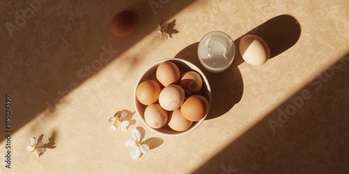 Close-up of eggs and milk i...