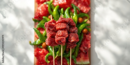 Fresh raw meat and green pe...