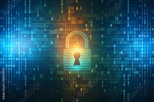 Glowing padlock secures digital data on futuristic binary code background