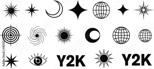 Abstract black Y2K symbol icon collection featuring stars, moons, globes, eyes, spirals, and cosmic shapes, retro futuristic graphic elements for modern design projects