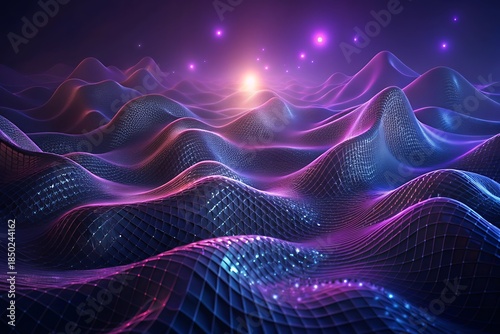 Vibrant digital landscape with glowing purple and blue waves