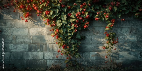 Ripe autumn berries and Hedera helix climbing a wall, highlighting seasonal foliage and plant support