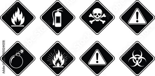 Black hazard warning icon set with flammable, explosive, toxic, biohazard, fire extinguisher, and caution symbols, minimalist safety signage for industrial and laboratory use