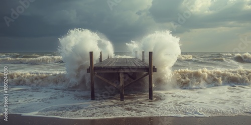 An aged fishing pier endures strong waves from hurricane Earl in Ocean Grove, New Jersey, erosion and storm impact