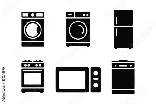 Icons of common home appliances: washing machine, dryer, refrigerator, stove, microwave, dishwasher.