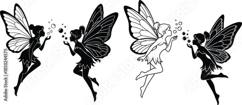 Fairies blowing soap bubbles, isolated monochrome illustration with transparent wings, flying girl silhouettes