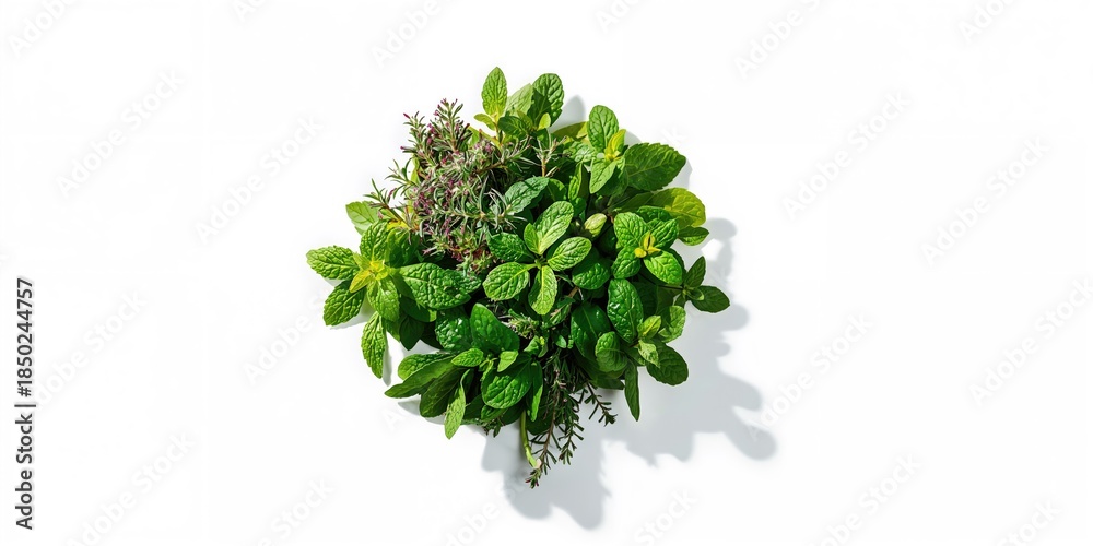 Fototapeta premium A collection of aromatic herbs displayed on a white surface, suitable for food preparation and seasoning