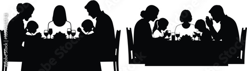 Family dinner silhouette with prayer, side views, focus on togetherness and family values