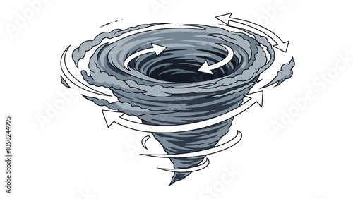 Tornado with rotating arrows and clouds