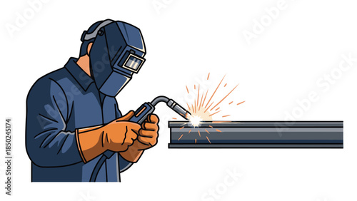Welder in protective gear welding metal with sparks