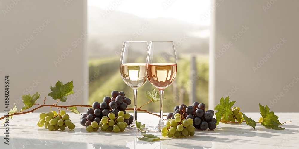 Fototapeta premium Two wine glasses filled with white and rosÃ© wine placed near grapes on a white background, highlighting drink service and fruit display, International Beverage Day