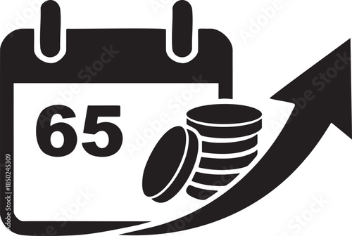 Black calendar icon with number 65 coins and upward trending arrow vector