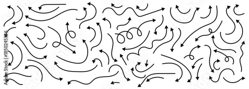 Collection of hand drawn doodle arrows with curved lines. Black thin line arrows indicating different direction. Doodle arrows isolated on white background.