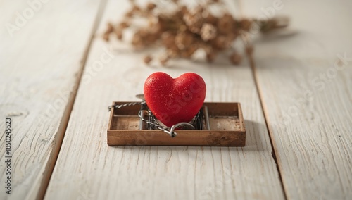 A red heart caught in a rat trap on a white wooden background, symbolizing emotional entrapment and vulnerability, World Mental Health Day