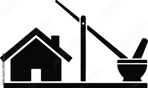 Silhouette House Mortar Pestle Traditional Medicine Icon Vector Illustration