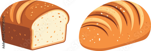 Detailed Illustration of Freshly Baked Whole Wheat Bread Loaf and Sliced Crusty White Bread