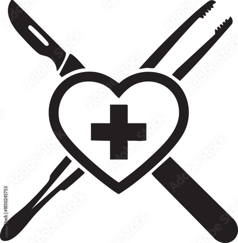 Black medical scalpel and forceps crossed over a heart with a plus sign health care