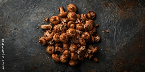 Close-up of fresh raw shiitake mushrooms on a slate surface, highlighting their surface textures for food prep