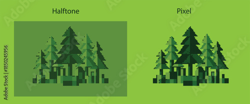 Abstract forest constructed from geometric blocks, halftone creative poster graphic.