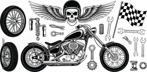 Detailed black and white motorcycle illustration with biker skull wings, racing flag, wheels, and mechanical parts, custom chopper design elements for vintage motorbike and garage graphics