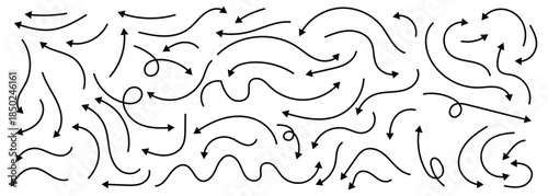 Simple collection of hand sketched thin line doodle arrows. Black doodle arrows in different styles, highlighting. Isolated on white background.