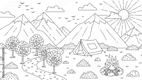 Outline drawing of a mountain landscape with a tent and campfire Keywords: camping, mountains, landscape, tent, campfire, fire, sun