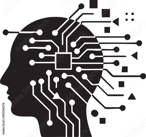 Black silhouette of a human head with integrated circuit board pathways and nodes white technology