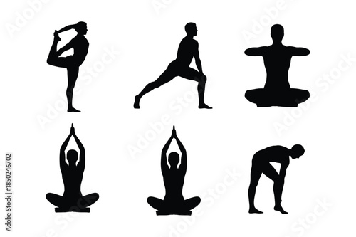 Silhouettes of people practicing yoga poses, promoting fitness and wellness.