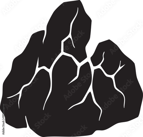 Black silhouette of cracked rock formation on white background stone geology