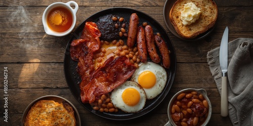 Full fry up breakfast with fried eggs, sausages, bacon, black pudding, beans, toasts and tea on wooden background, traditional meal presentation