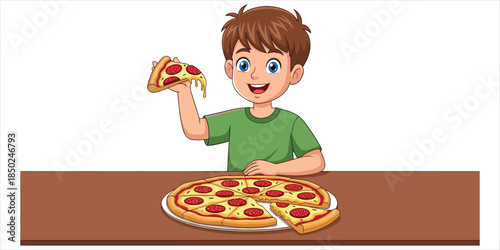 Cartoon boy happily holding a slice of pepperoni pizza over a whole pizza child