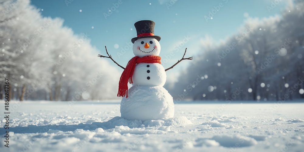 Obraz premium Frost-covered snowman in a snowy landscape, illustrating winter weather and seasonal outdoor activity, winter season