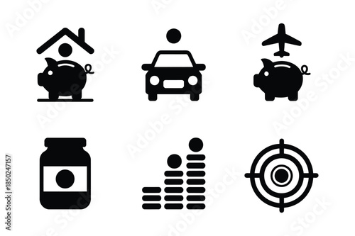 Icons representing financial planning and savings: piggy bank, car, airplane, jar, coins, target.