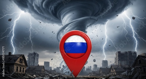 Russia location marker during natural disaster with tornado and lightning