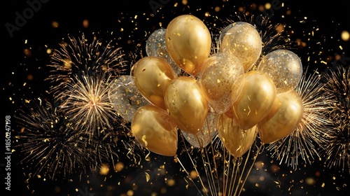 Gold New Year's celebration balloons and fireworks