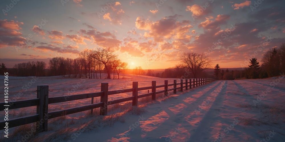 Obraz premium Countryside at dusk during winter, highlighting seasonal transition and natural illumination, Earth Day