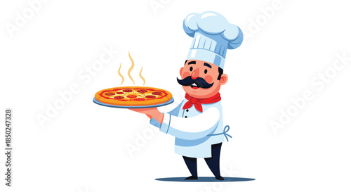 Professional Italian chef with a large mustache and white uniform, proudly presenting a delicious steaming hot pepperoni pizza.