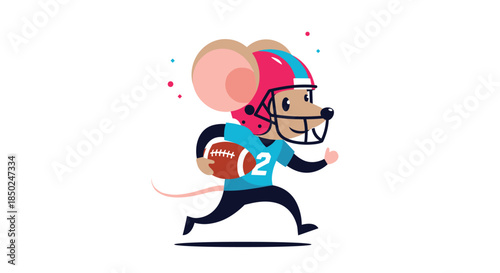 Energetic mouse mascot dressed in a blue football uniform and red helmet, running with an american football and smiling.