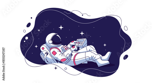 Astronaut floating in the dark void of space while operating a control panel surrounded by stars and abstract shapes.